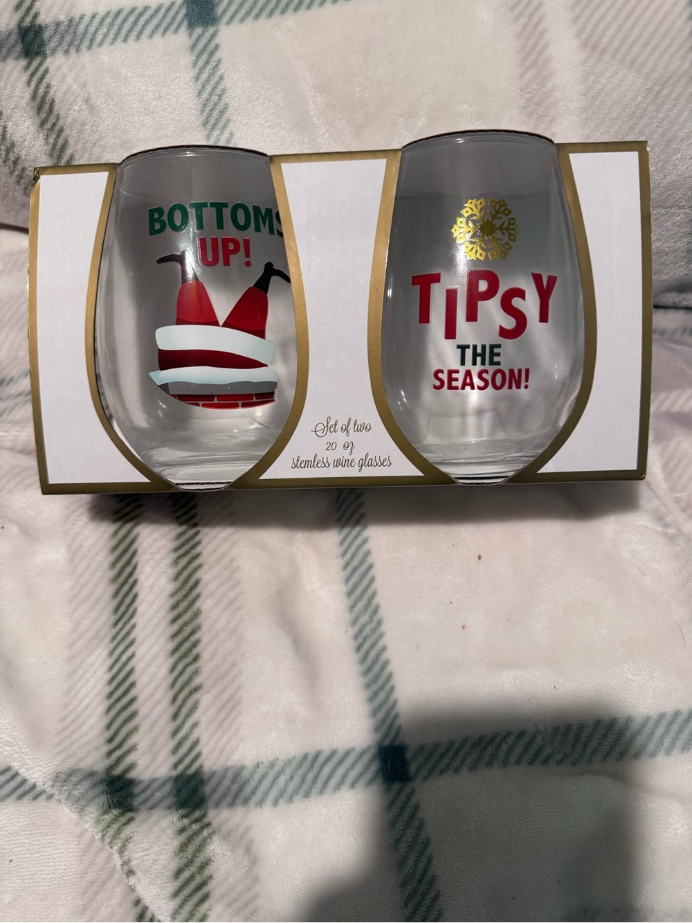 Holiday Stemless Wine Glasses - 'Tipsy the Season' & 'Bottoms Up' - Set of 2